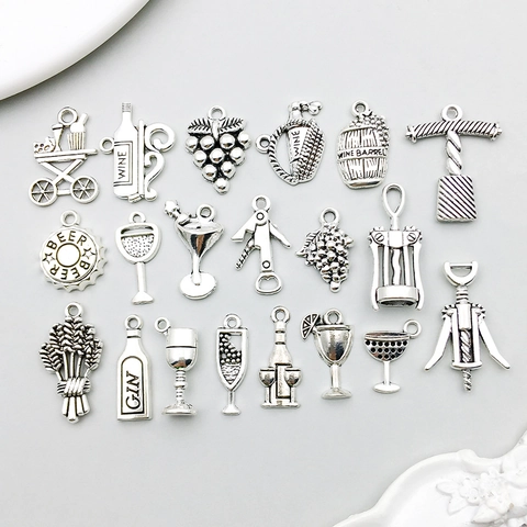 Vintage Zinc Alloy Wine Theme Charms Antique Silver Bottle Glass Grape Opener Pendants For DIY Jewelry Making Accessories