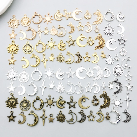 100 Pcs Celestial Charms Set Sun Moon Star Alloy Pendants For DIY Jewelry Making Necklaces Bracelets Accessories Vintage Gold Silver Bronze
