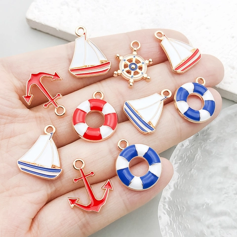 Enamel Alloy Nautical Pendants Set Anchor Sailboat Lifebuoy Rudder Charms For DIY Bracelet Necklace Jewelry Making Crafts