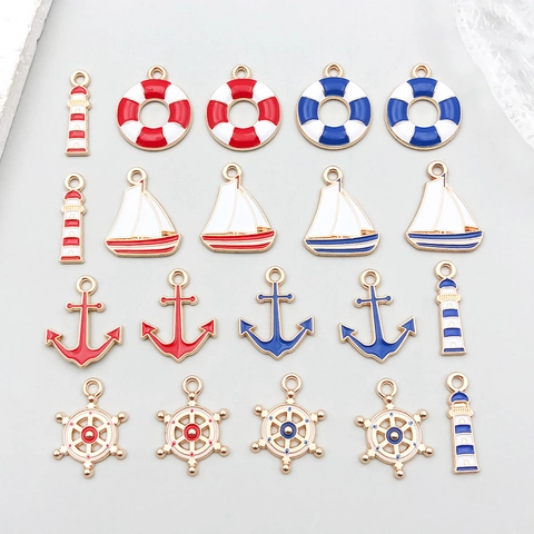 Enamel Alloy Nautical Pendants Set Anchor Sailboat Lifebuoy Rudder Charms For DIY Bracelet Necklace Jewelry Making Crafts