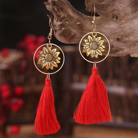Boheems Legering Zonnebloem Lange Kwastje Oorhangers Vintage Katoendraad Handgemaakte Bloemen Oorbellen Voor Vrouwen Bruidsmeisje Sieraden Cadeau