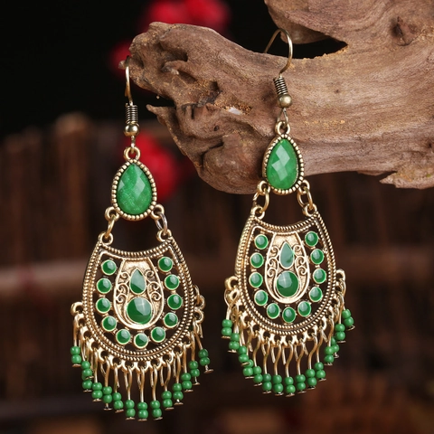 Bohemian Dreamcatcher Drop Earrings For Women Retro Ethnic Alloy Rhinestone Fringe Earrings Handmade Woven Tassel Jewelry Gift
