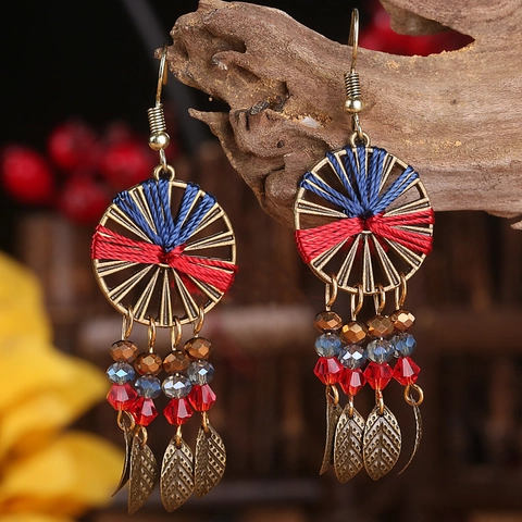 Bohemian Dreamcatcher Drop Earrings For Women Retro Ethnic Alloy Rhinestone Fringe Earrings Handmade Woven Tassel Jewelry Gift