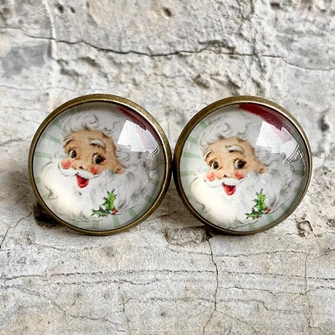 Vintage Christmas Santa Claus Snowflake Snowman Stud Earrings For Women Retro Bronze Metal Glass Dome Festive Party Jewelry
