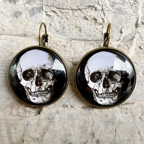 Vintage Gothic Halloween Glass Cabochon Leverback Earrings Bronze Iron Round Skull Bat Crow Cat Spider Jewelry For Women