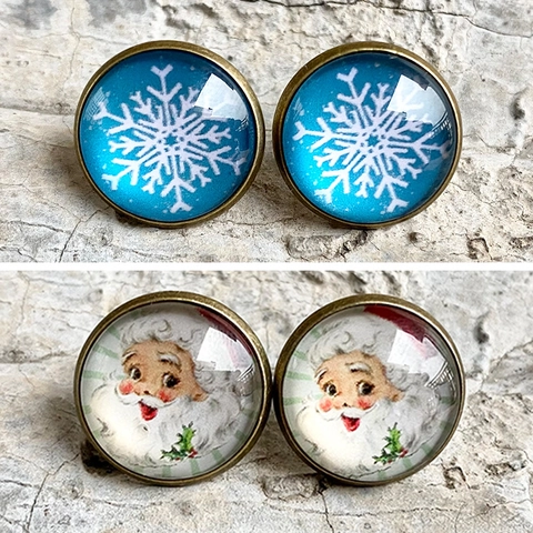 Vintage Christmas Santa Claus Snowflake Snowman Stud Earrings For Women Retro Bronze Metal Glass Dome Festive Party Jewelry