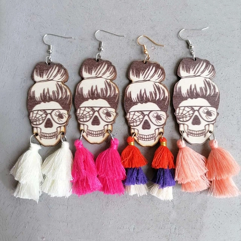 Halloween Wooden Skull Tassel Earrings For Women Gothic Messy Bun Skull With Spider Web Glasses Wood Dangle Earrings Party