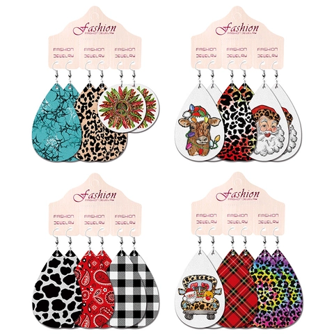 Kerst PU Leer Traanvormige Oorbellen Set Kerstman Rendier Koe Luipaardprint Westerse Cowboy Sieraden Voor Vrouwen