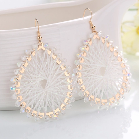 Bohemian Handmade Woven Copper Crystal Drop Earrings Large Round Geometric Thread Ethnic Jewelry For Christmas Party Women