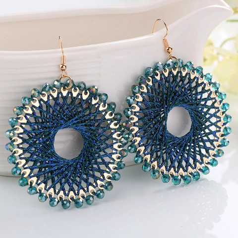 Bohemian Handmade Woven Copper Crystal Drop Earrings Large Round Geometric Thread Ethnic Jewelry For Christmas Party Women