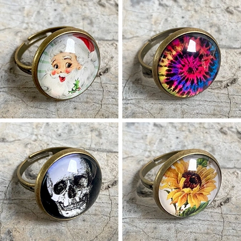 Vintage Bronze Legierung Glas Cabochon Verstellbarer Offener Ring Für Damen Weihnachten Halloween Gothic Punk Muster Schmuck