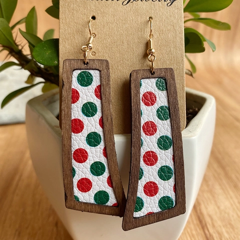 Christmas Wood Frame PU Leather Drop Earrings For Women Vintage Red Green Plaid Striped Star Geometric Festive Jewelry