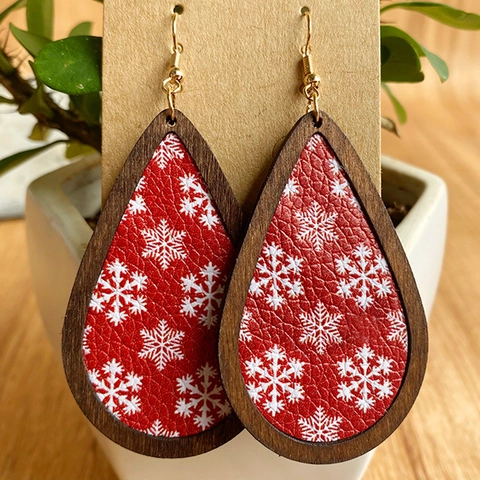 Orecchini a Goccia in Legno di Natale in Pelle PU Motivo a Quadri con Fiocchi di Neve Vintage Boho Orecchini per Donna Gioielli per Feste