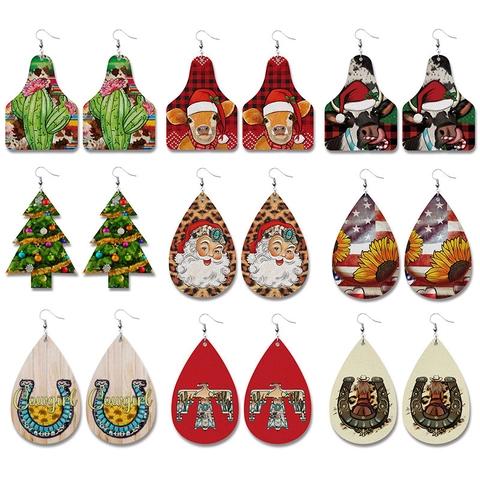 Western Vintage PU Leather Drop Earrings For Women Christmas Cow Cactus Sunflower Pattern Bohemian Ethnic Jewelry Gift