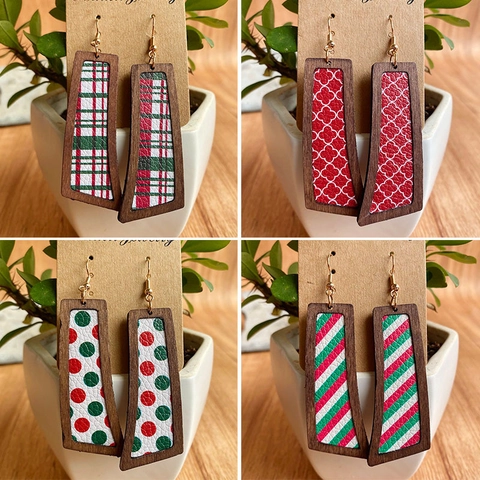 Christmas Wood Frame PU Leather Drop Earrings For Women Vintage Red Green Plaid Striped Star Geometric Festive Jewelry