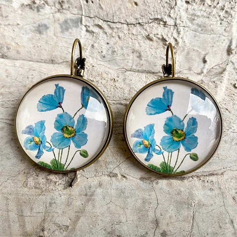 Pendientes de Gota Retro Florales Redondos de Cristal Cabujón Bronce Antiguo Gancho Francés Girasol Rosa Lila Joyería Mujer