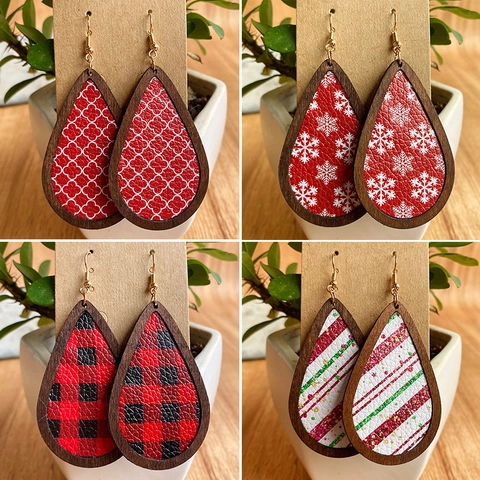 Orecchini a Goccia in Legno di Natale in Pelle PU Motivo a Quadri con Fiocchi di Neve Vintage Boho Orecchini per Donna Gioielli per Feste