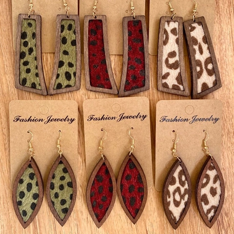 Böhmisch Holz Leder Geometrische Ohrhänger Leoparden Tierdruck Muster Kupfer Haken Western Retro Mode Schmuck Für Damen