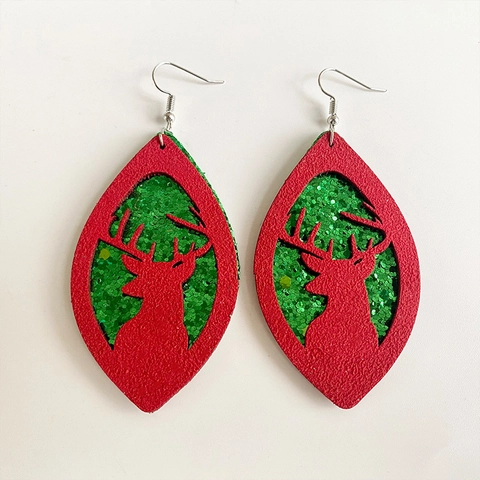 Christmas Teardrop Double Layer Leather Glitter Drop Earrings Reindeer Snowman Snowflake Earrings For Women Holiday Party Decoration Jewelry