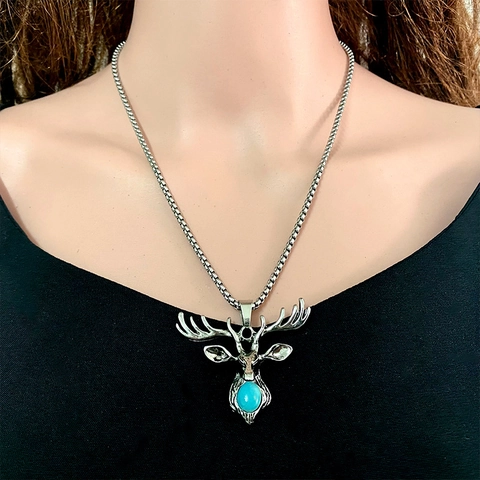 Vintage Silber Legierung Elch Hirschkopf Anhänger Halskette Mit Künstlichem Türkis Totenkopf Strass Weihnachten Schmuck Für Damen Herren