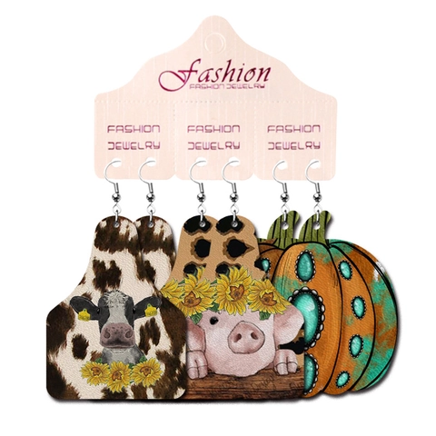 Western Printed Leather Earring Set Bohemian Cowboy Style Sunflower Cow Animal Print Geometric Drop Earrings For Women Fashion Jewelry