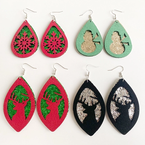 Christmas Teardrop Double Layer Leather Glitter Drop Earrings Reindeer Snowman Snowflake Earrings For Women Holiday Party Decoration Jewelry