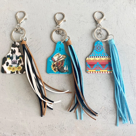 Western Stil Leder Schlüsselanhänger Sonnenblume Leopardenmuster Kuh Ohrmarke Kunstleder Quaste Anhänger Handgefertigter Boho Schlüsselanhänger