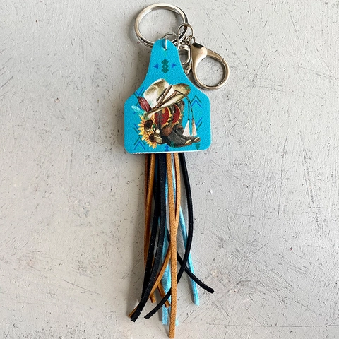 Western Stil Leder Schlüsselanhänger Sonnenblume Leopardenmuster Kuh Ohrmarke Kunstleder Quaste Anhänger Handgefertigter Boho Schlüsselanhänger