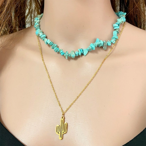 Boheems Gelaagde Legering Turkoois Halsketting Western Cowboy Cactus Veer Kruis Hanger Halsketting Etnische Sieraden Voor Dames