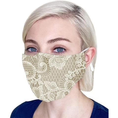 Mascarilla Facial de Algodón con Encaje Floral Estampado Lavable Transpirable Antipolvo Lazos de Oreja Ajustables Mujer Máscara de Tela