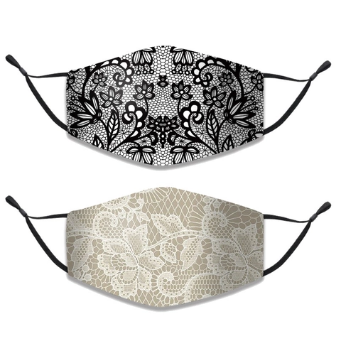 Mascarilla Facial de Algodón con Encaje Floral Estampado Lavable Transpirable Antipolvo Lazos de Oreja Ajustables Mujer Máscara de Tela