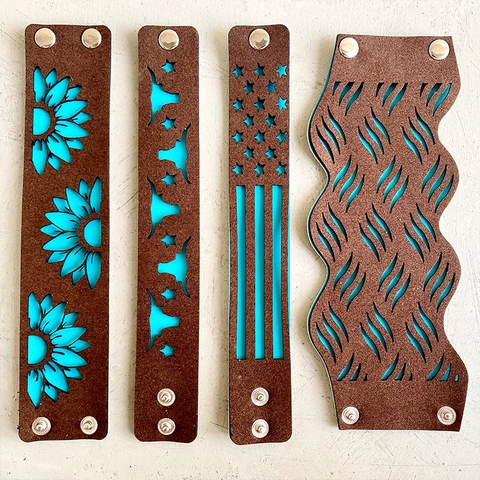 Bohemian Leather Bracelet Sunflower Bull Head Star Hollow Out Double Layer Turquoise Wide Wrap Bracelet Western Jewelry