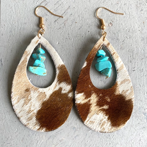 Bohemian Ethnic Genuine Leather Teardrop Earrings Animal Cow Leopard Print With Turquoise Stone Drop Hook Earrings For Women