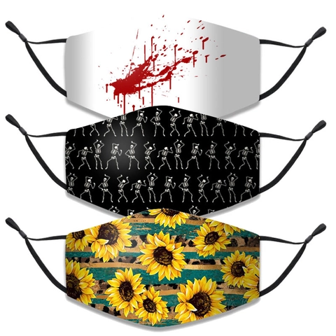 Halloween Horror Face Mask Washable Cotton Breathable Adjustable Ear Loops Skull Pumpkin Blood Print Party Decorative Mask