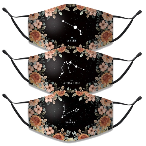 Zodiac Signs Printed Cotton Face Mask For Women Washable Reusable Breathable Dust Protection Floral Border Fashionable Mask