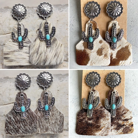 Westliche Böhmische Legierung Kaktus Ohrhänger Für Damen Kunstpferdehaar Kuh Leopard Muster Vintage Türkis Schmuck