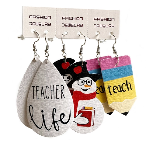 3 Pairs Set PU Leather Teardrop Earrings For Women Christmas Snowman Teacher Artist Music Printed Dangle Earrings Jewelry Gift