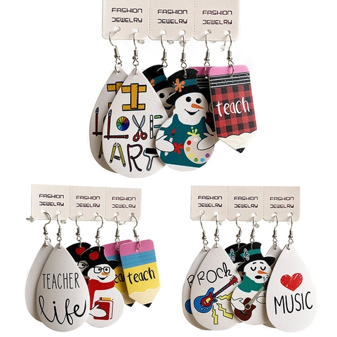 3 Pairs Set PU Leather Teardrop Earrings For Women Christmas Snowman Teacher Artist Music Printed Dangle Earrings Jewelry Gift