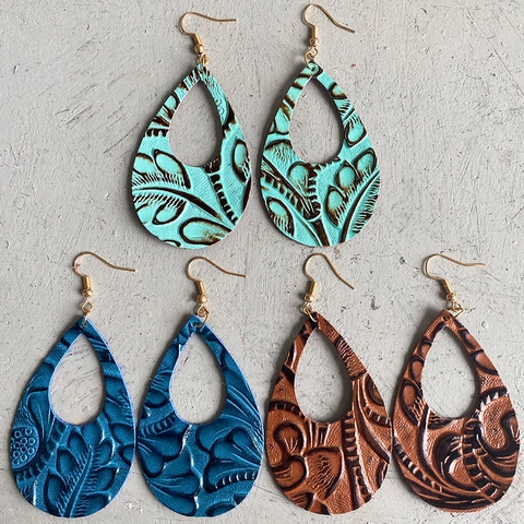 Pendientes de Lágrima de Cuero Auténtico Bohemio para Mujer Pendientes Colgantes Calados Florales en Relieve Vintage Joyería
