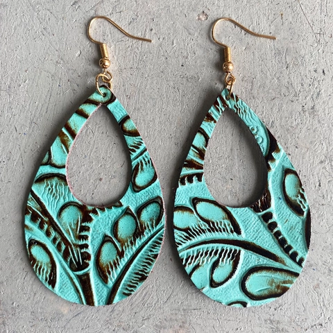 Pendientes de Lágrima de Cuero Auténtico Bohemio para Mujer Pendientes Colgantes Calados Florales en Relieve Vintage Joyería