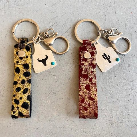 Llavero de Cuero Western Retro Con Pelo de Poni Sintético Estampado Leopardo Cactus Cabeza de Toro Placa Metal Decoración Turquesa