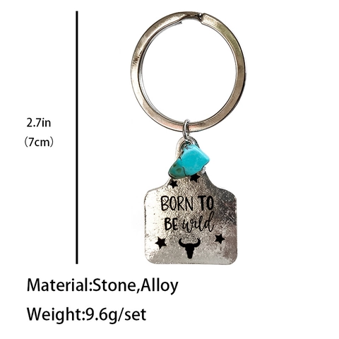 Western Cowboy Metal Keychain Cow Tag Pendant Artificial Turquoise Star Horseshoe Bull Head Letter Engraved Key Ring For Women Men