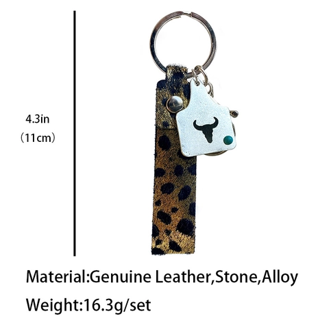 Western Retro Faux Horse Hair Leather Keychain With Leopard Print Cactus Bull Head Metal Tag Turquoise Decoration Bag Charm
