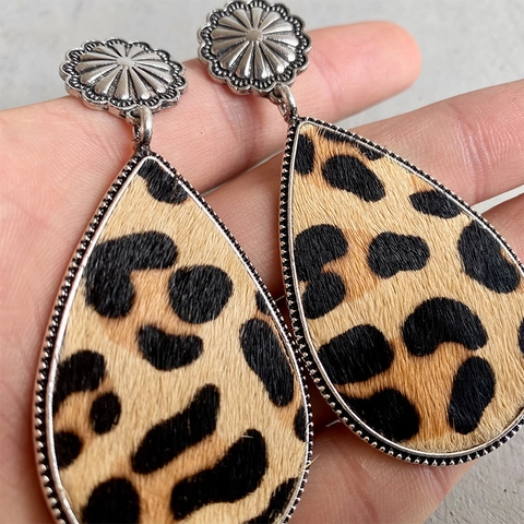 Bohemian Western Animal Print Genuine Leather Drop Earrings Women Alloy Sun Flower Vintage Cow Leopard Pattern Jewelry