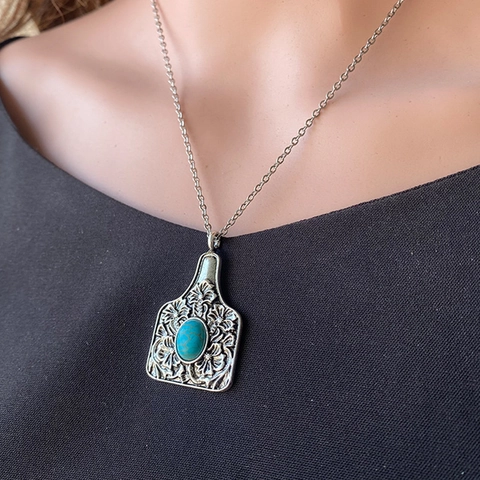 Vintage Legierung Western Türkis Anhänger Halskette Boho Blumen Relief Schild Kuhmarke Antik Silber Schmuck Für Damen