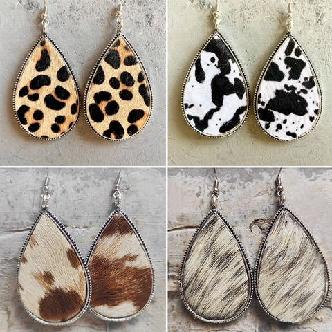 Vintage Teardrop Leather Earrings Bohemian Animal Print Leopard Zebra Cow Pattern Alloy Beaded Metal Edge Drop Earrings For Women Western Jewelry