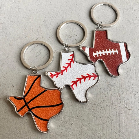 Portachiavi Mappa Stato Texas Elemento Sportivo Basket Calcio Baseball Lega Pelle PU Anello Chiave Souvenir Regalo Fan