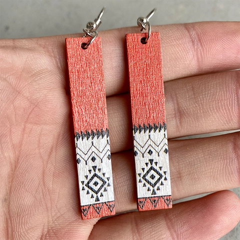 Böhmische Holz Rechteckige Aztekenmuster Ohrhänger Geometrische Ethnische Stammes Stil Bedruckte Holz Ohrringe Für Damen Schmuck