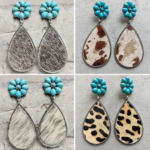 Western Bohemian Genuine Leather Drop Earrings Alloy Turquoise Floral Stone Dangle Earrings Leopard Cow Zebra Print Jewelry