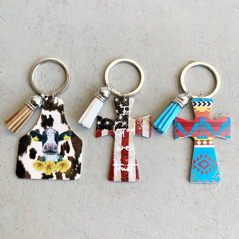 Western Cowboy Lederen Sleutelhanger Bedrukt Kwastje Kruis Koeprint Zonnebloem Veelabel Hanger Sleutelring Cadeau Man Vrouw